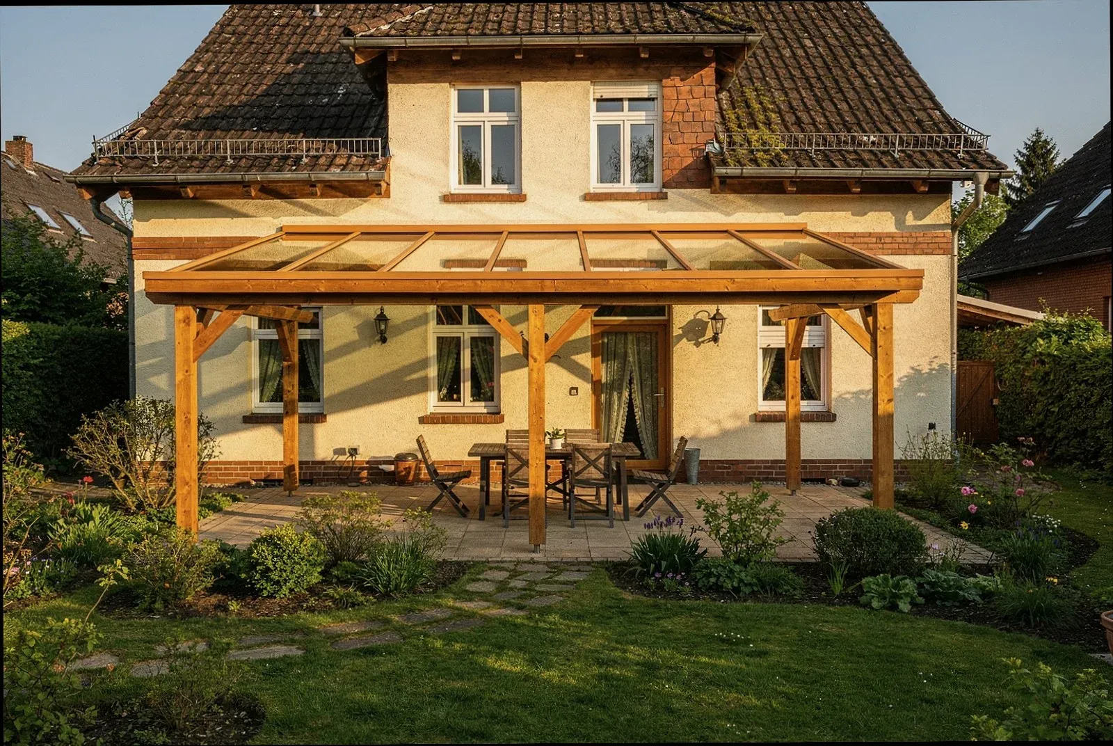 Terrassenüberdachung mit Glasdach an einem Wohnhaus in Iserlohn